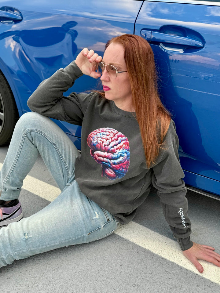 Big Brain Energy Crewneck Sweatshirt - Dark Gray Shirt with Brain Design