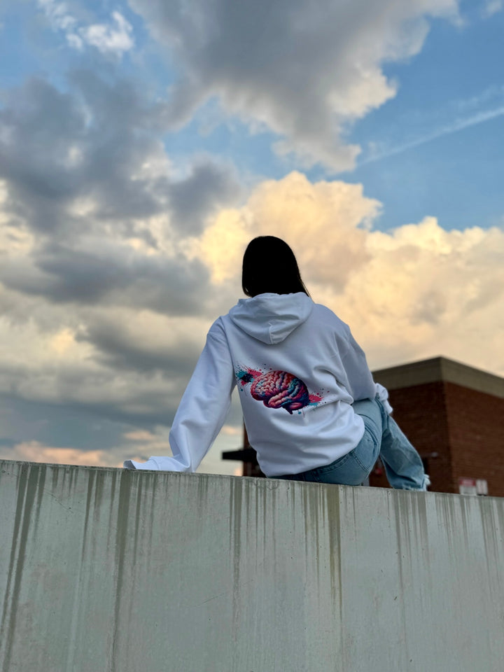 Kind Mind Hoodie - Motivational White Sweatshirt with Brain Design