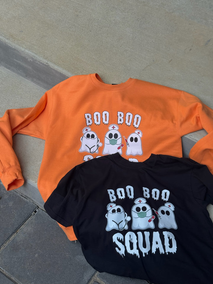 Ladyspinedoc x Dr. Beachgem Collab: Boo Boo Squad Black Tee Shirt and Orange Sweatshirt, perfect Halloween Shirts for Healthcare Heroes and Nurses