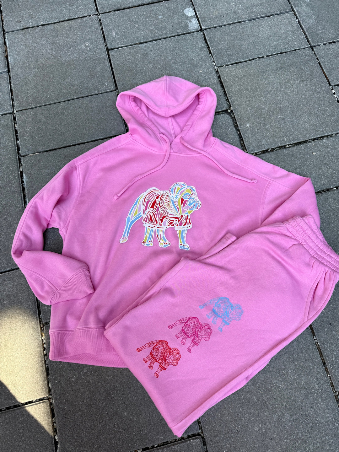 Flat lay of the Chan Art Collab: Game Day Set - Pink Hoodie & Sweatpants