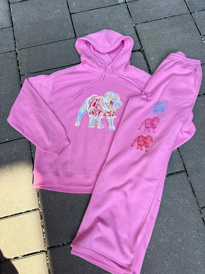 Flat lay of the Chan Art Collab: Game Day Set - Pink Hoodie & Sweatpants laid out straight