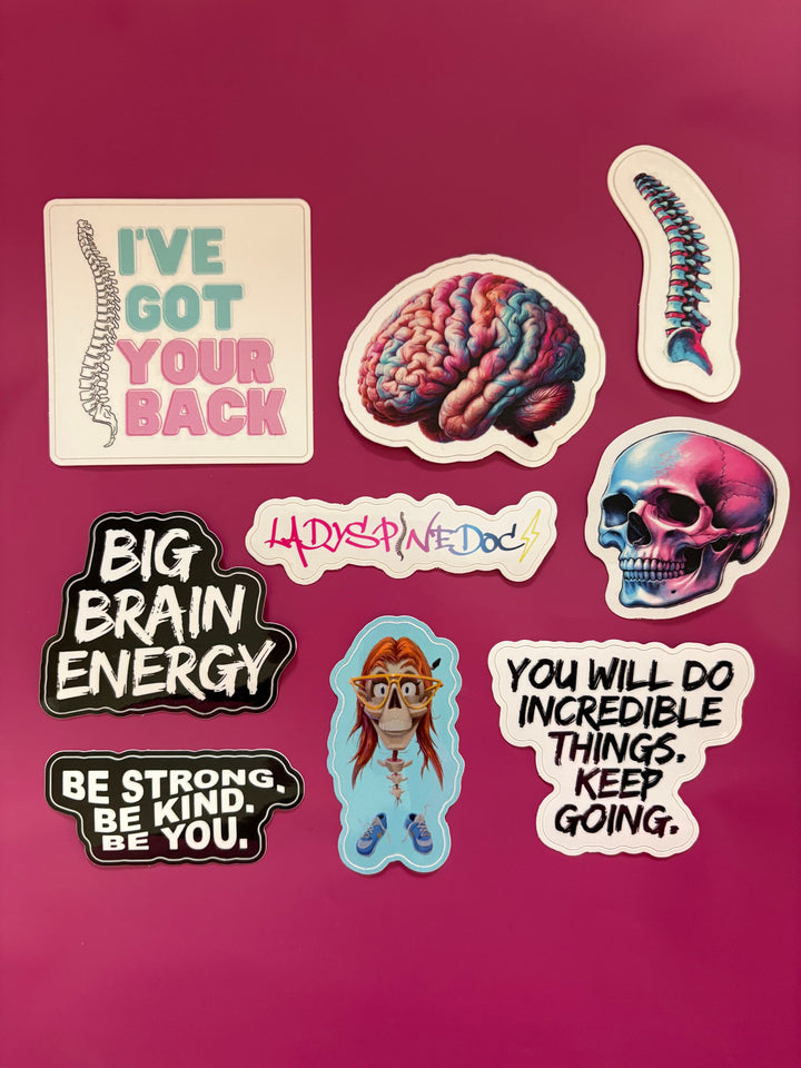 Ladyspinedoc Sticker Pack – Fun Spine, Skull & Brain Stickers (9-Pack)