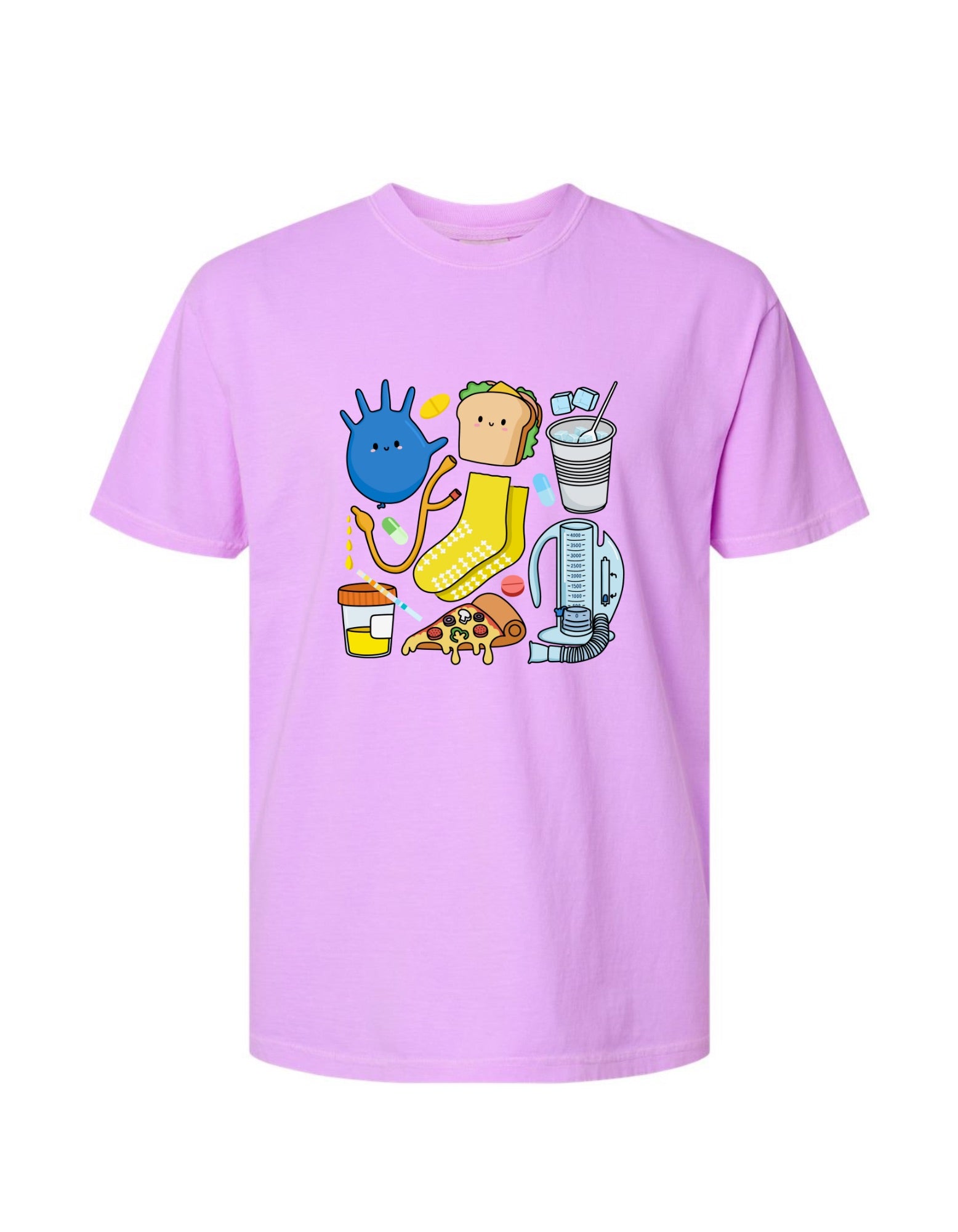 Flat lay of purple short-sleeve t-shirt with colorful cartoon illustrations of nursing essentials like a rubber glove, Foley catheter, meds, grippy socks, pizza, urine sample, and more.