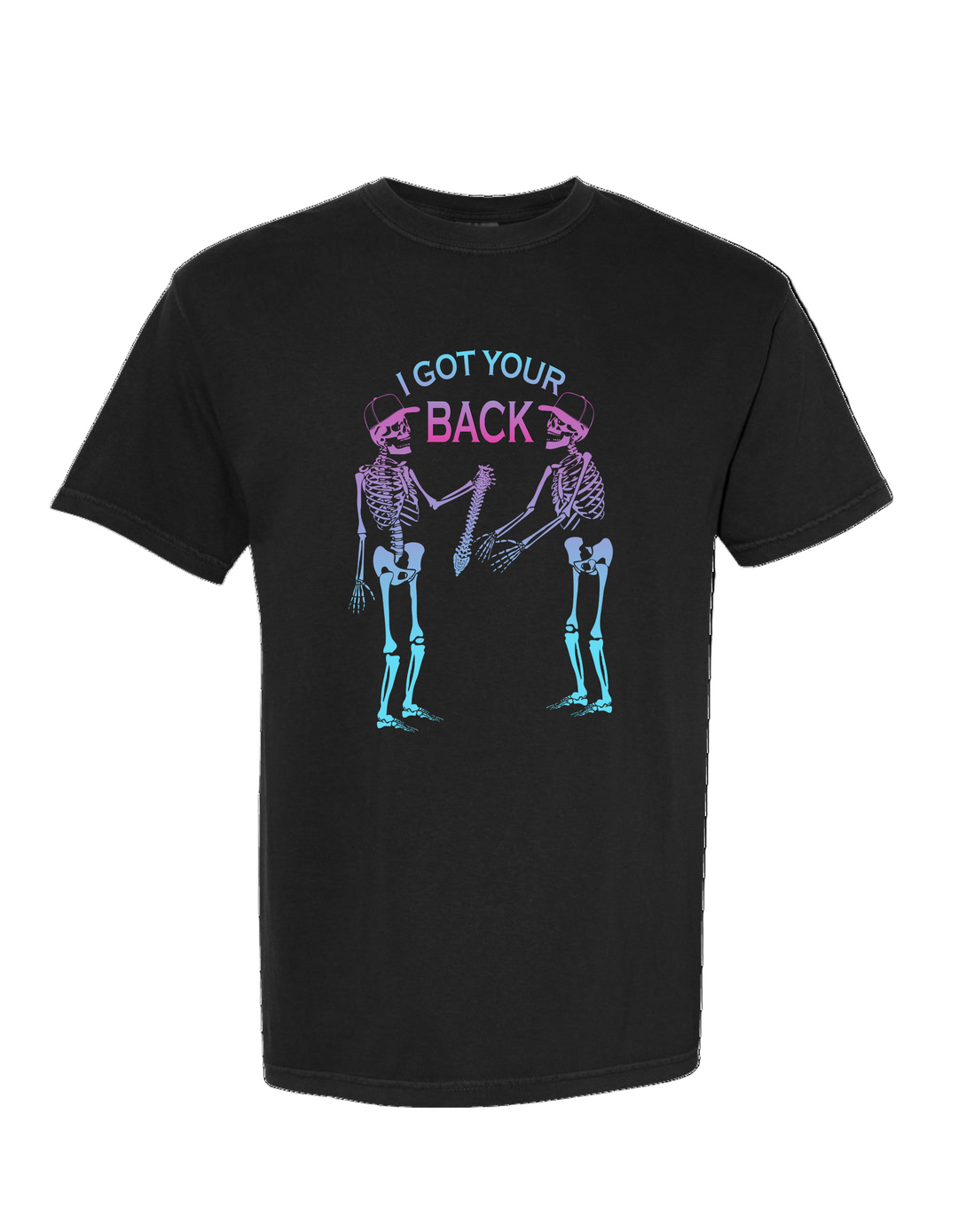 Glow-in-the-Dark “I Got Your Back” Skeleton Tee Shirt with a skeleton handing off a spine to another skeleton.