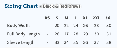 Sizing chart for Black & Red Crews with body width, full body length, and sleeve length measurements.