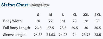 Navy crew sizing chart with measurements for different body sizes.