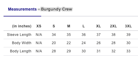 Measurement chart for a Burgundy Crew shirt with sleeve length, body width, and body length measurements.