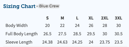 Sizing chart for Blue Crew clothing with measurements in centimeters.