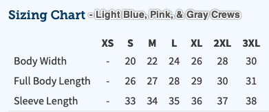 Sizing chart for light blue, pink, and gray crew shirts with measurements in centimeters.