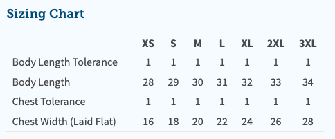 Raglan tee size chart