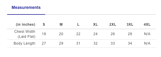 Measurement chart for clothing sizes S to 4XL with chest width and body length details.