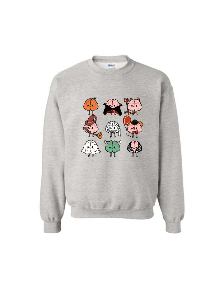 Gray Halloween Brains Crewneck Sweatshirt with Cartoon Brain Characters: Pumpkin, Ghost, Witch, Vampire, Mummy & More