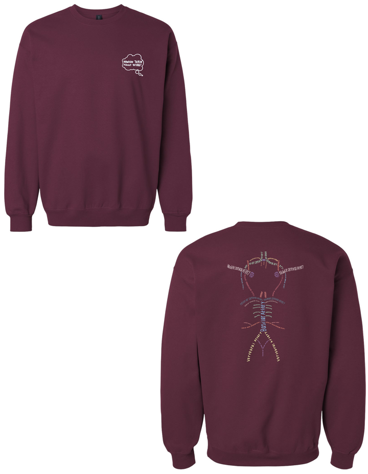 Front and back of Burgundy Whatchu Talkin’ About Willis - Circle of Willis Crewneck Sweatshirt for Brain Aneurysm Awareness
