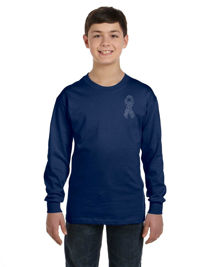 Child wearing a navy blue long-sleeve diabetes awareness shirt with a ribbon design (made up of insulin molecules) on a white background