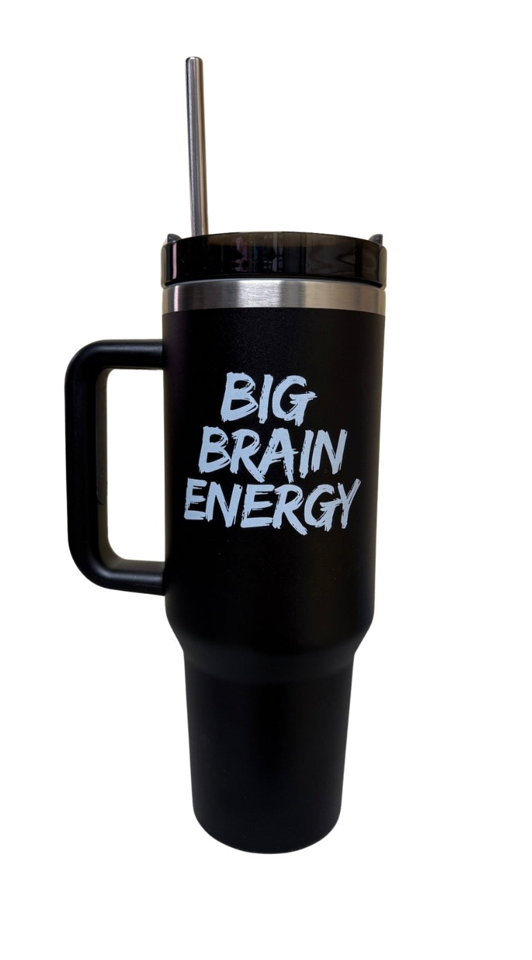 Back view of the Big Brain Energy Cup with bold white text that reads 'BIG BRAIN ENERGY'