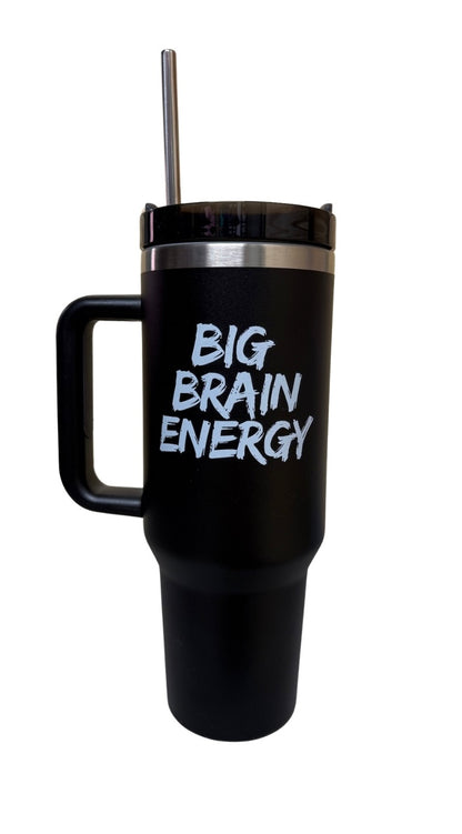 Back view of the Big Brain Energy Cup with bold white text that reads 'BIG BRAIN ENERGY'